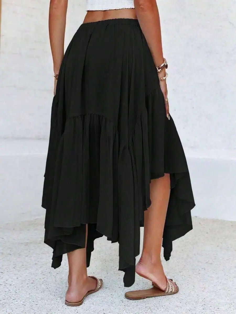 Boho High-Low Ruffle Hem Flowy Asymmetrical Maxi Skirt