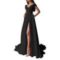Off Shoulder Maxi Dress With Deep Neckline And Front Slit