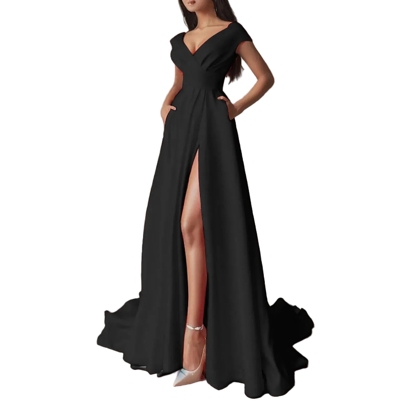 Off Shoulder Maxi Dress With Deep Neckline And Front Slit