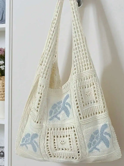 Crochet Knit Beach Tote Bag with Embroidered Coastal Inspired Pattern