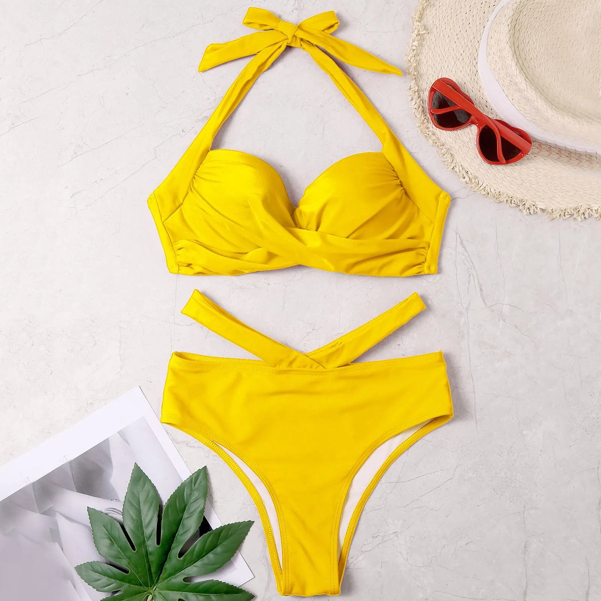 Women's Yellow Ruched Wrap-Front Bikini Set with Halter Neck, High-Waisted Bottom and Cutout Waist Detailing
