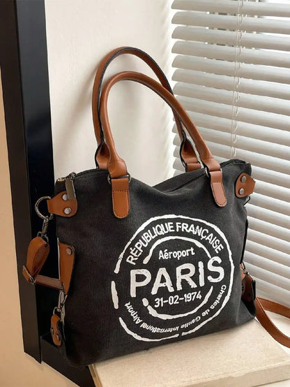 Vintage Inspired Canvas Tote Crossbody Bag with Graphic Print Design
