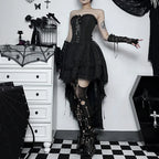 Layered Gothic Mini Dress with Mesh Sleeves and Alternative Fashion Details