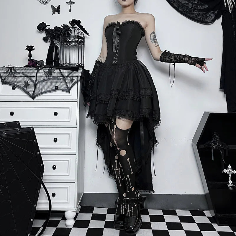 Layered Gothic Mini Dress with Mesh Sleeves and Alternative Fashion Details