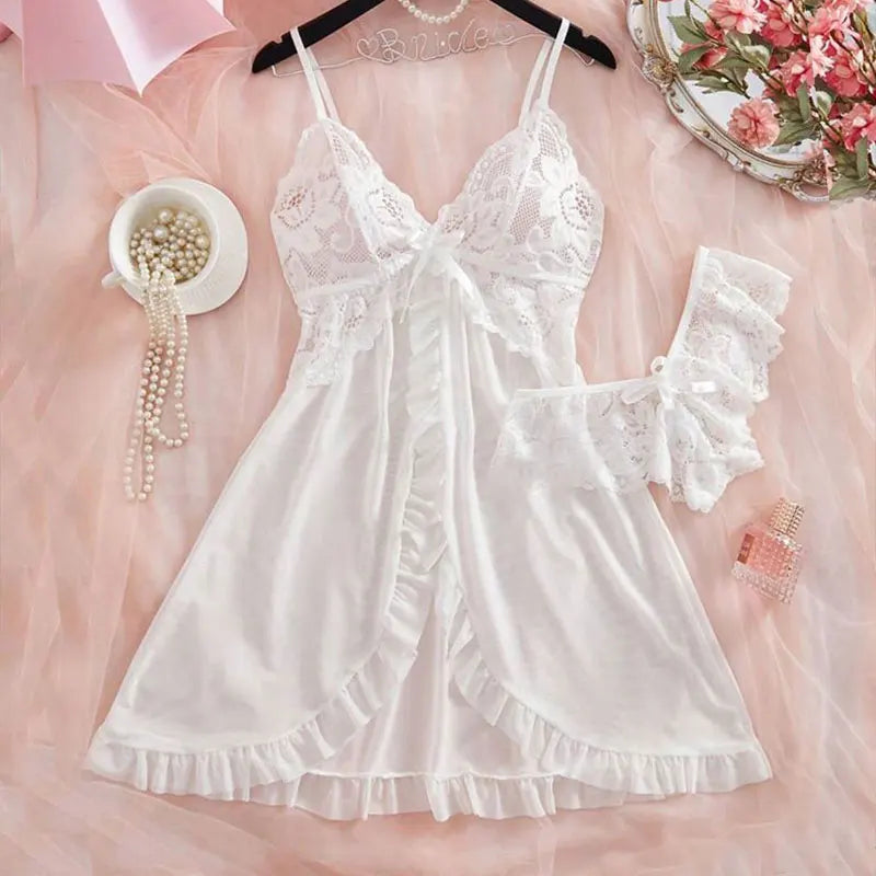 Romantic Pink Lace Babydoll Lingerie Set with Ruffle Trim and Open Front