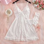 Romantic Pink Lace Babydoll Lingerie Set with Ruffle Trim and Open Front