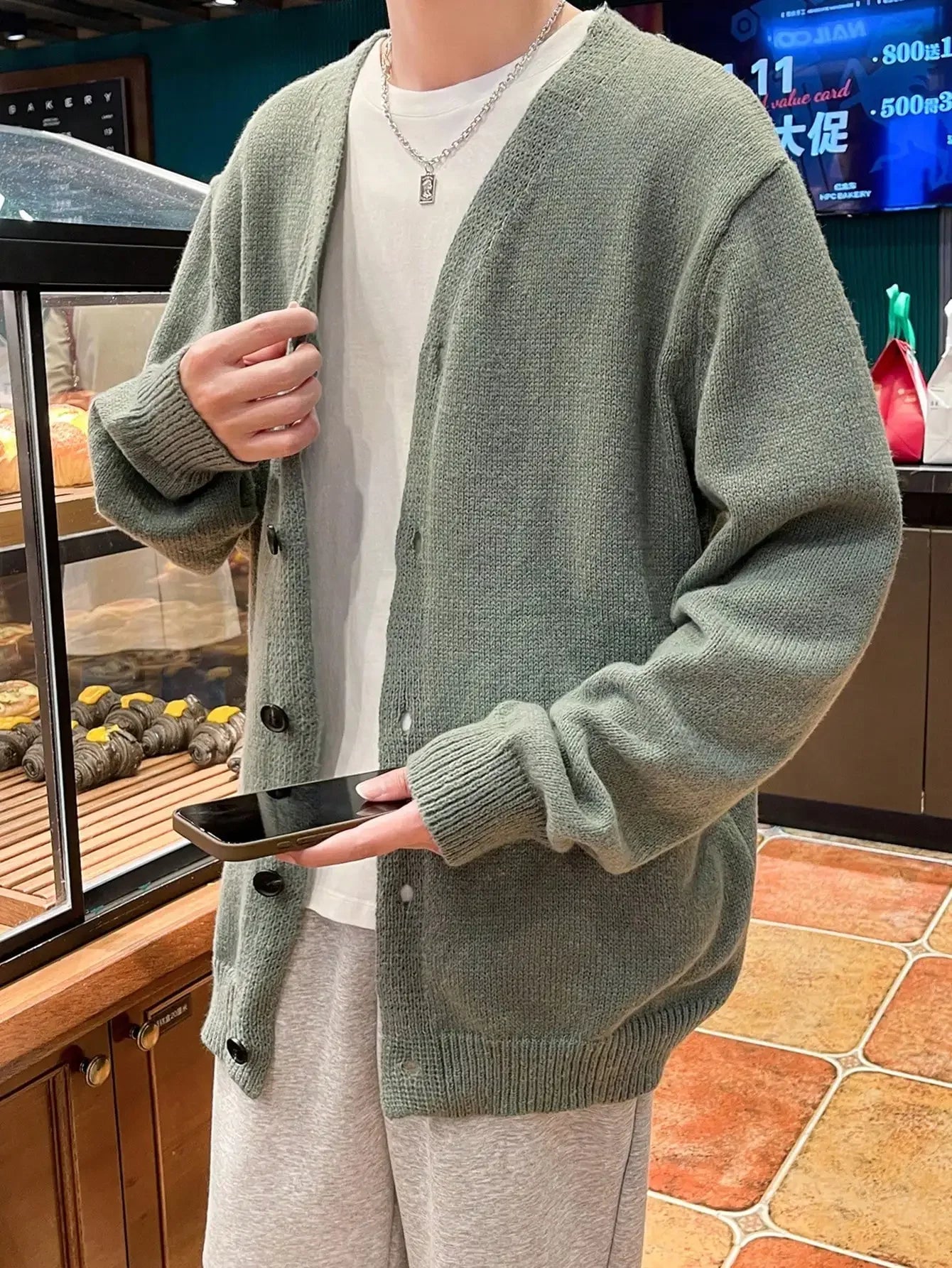 Men's Oversized Button Front Cardigan with Relaxed Drop Shoulder Knit Design