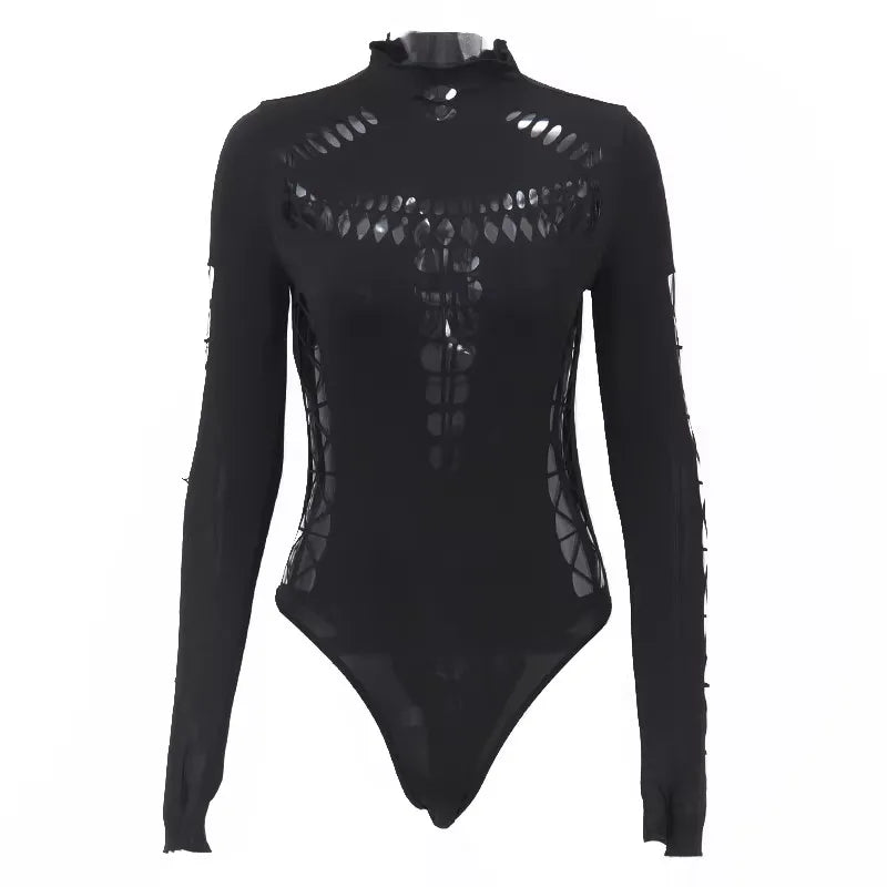 High Neck Cutout Long Sleeve Bodysuit for Gothic Punk Alternative Fashion