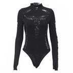 High Neck Cutout Long Sleeve Bodysuit for Gothic Punk Alternative Fashion