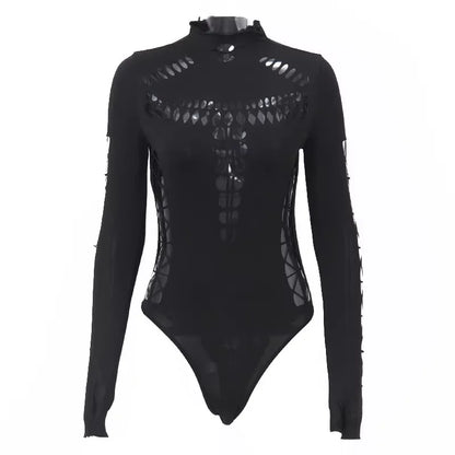 High Neck Cutout Long Sleeve Bodysuit for Gothic Punk Alternative Fashion
