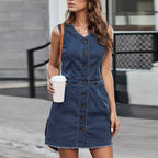 Sleeveless Denim Inspired Button Front Mini Dress with Utility Pocket Details