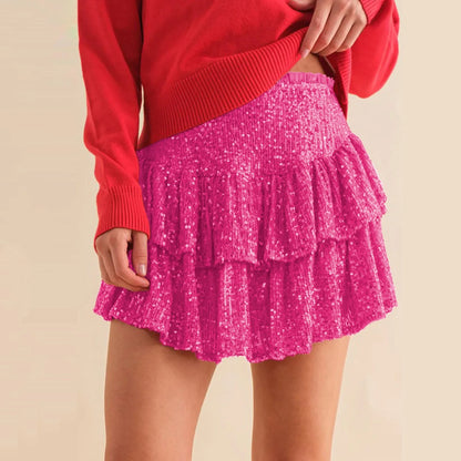 Sequin Tiered Mini Skirt with High Waist Flared Party Silhouette