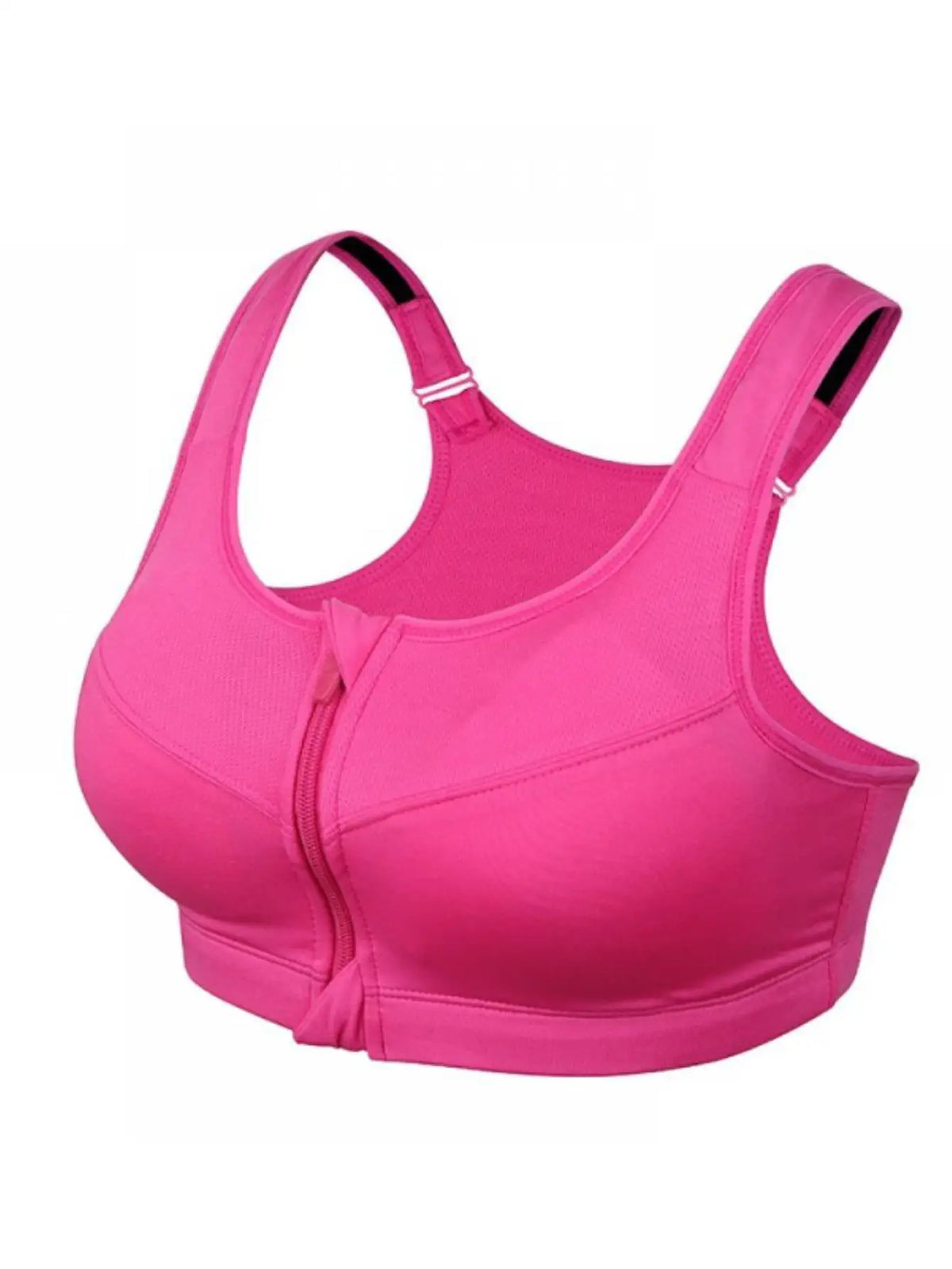 Vibrant Pink Front-Zip Athletic Sports Bra with Tonal Mesh-Look Paneling