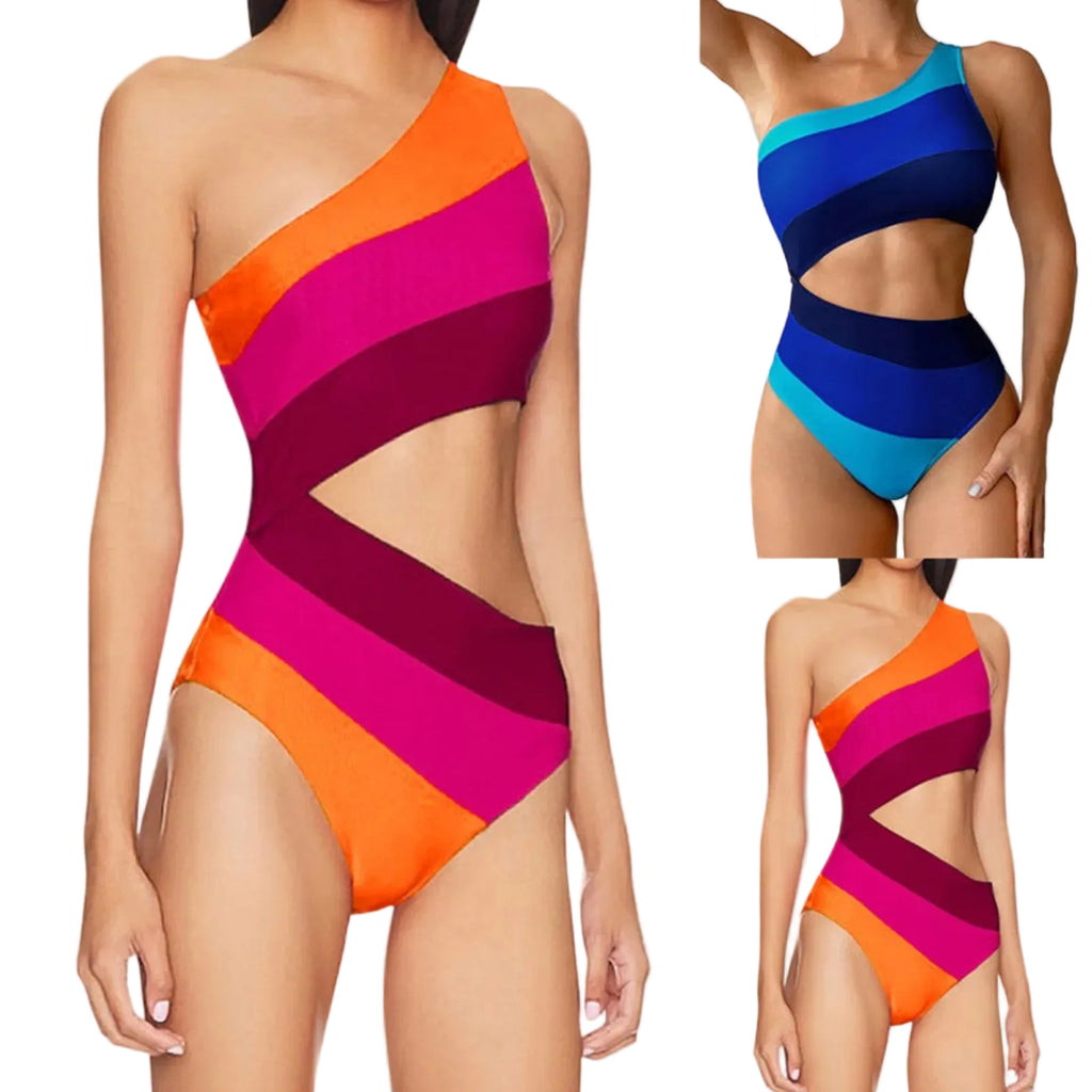 Color-Block One-Shoulder Bikini Set with Asymmetrical Neckline, Side Cutout Detail and Matching Low-Rise Bottom