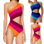 Color-Block One-Shoulder Bikini Set with Asymmetrical Neckline, Side Cutout Detail and Matching Low-Rise Bottom