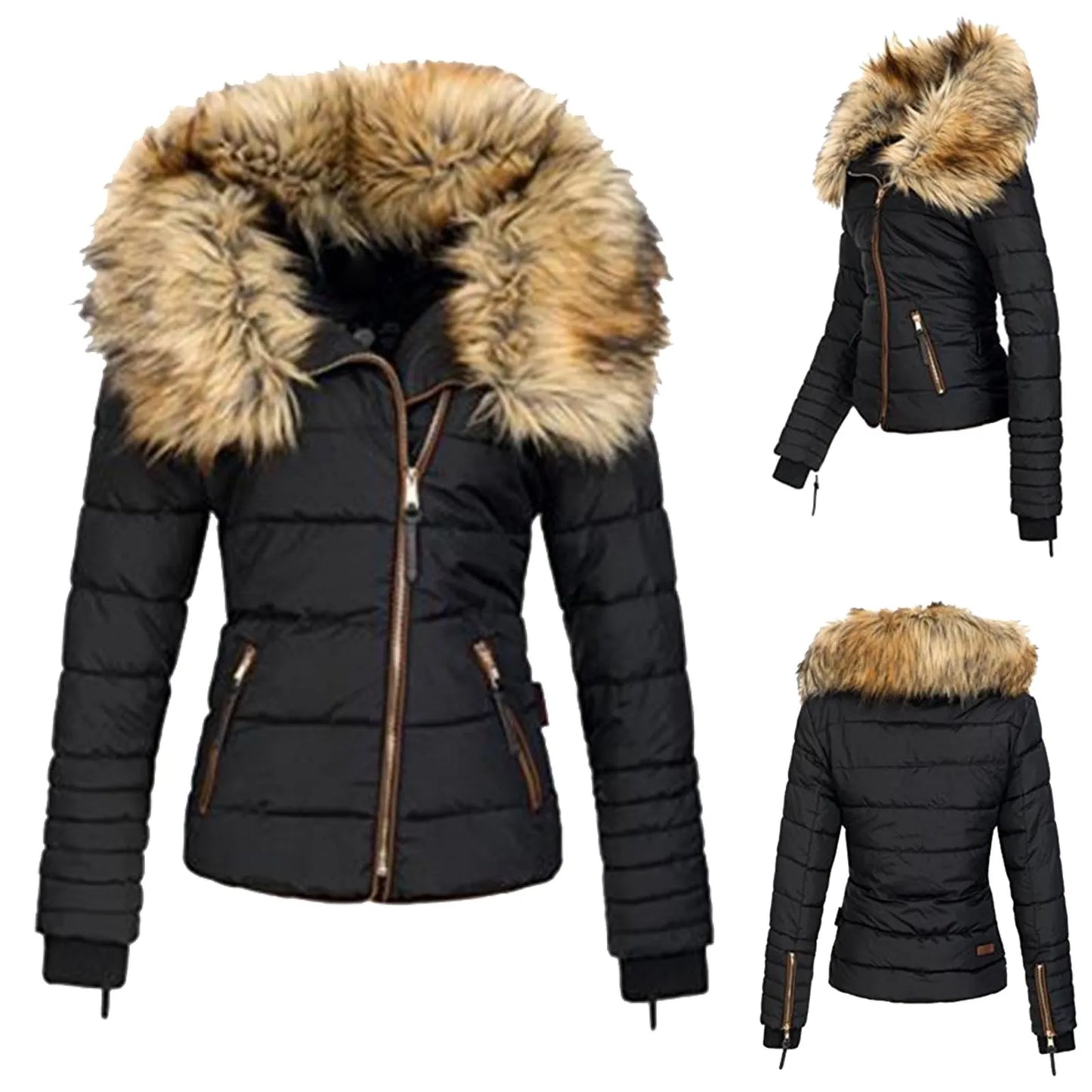 Women's Hooded Puffer Style Jacket with Faux Fur Trim Streetwear Winter Outerwear