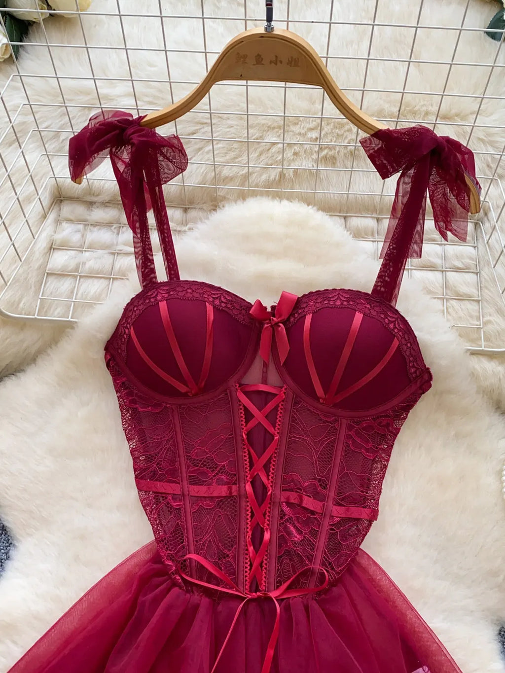 Deep Red Corset-Style Tulle Dress with Lace-Up Front and Ribbon Straps