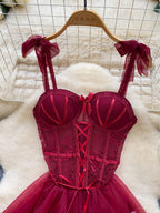 Deep Red Corset-Style Tulle Dress with Lace-Up Front and Ribbon Straps