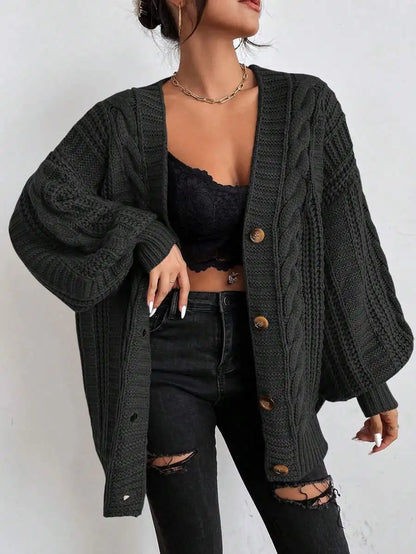 Women's Oversized Cable Knit Sweater with Textured Stitching and Relaxed Streetwear Silhouette