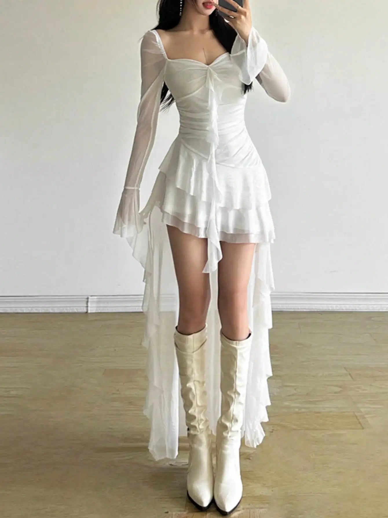 Elegant Sheer Sleeve Gothic Mini Dress with Alternative Fashion Style