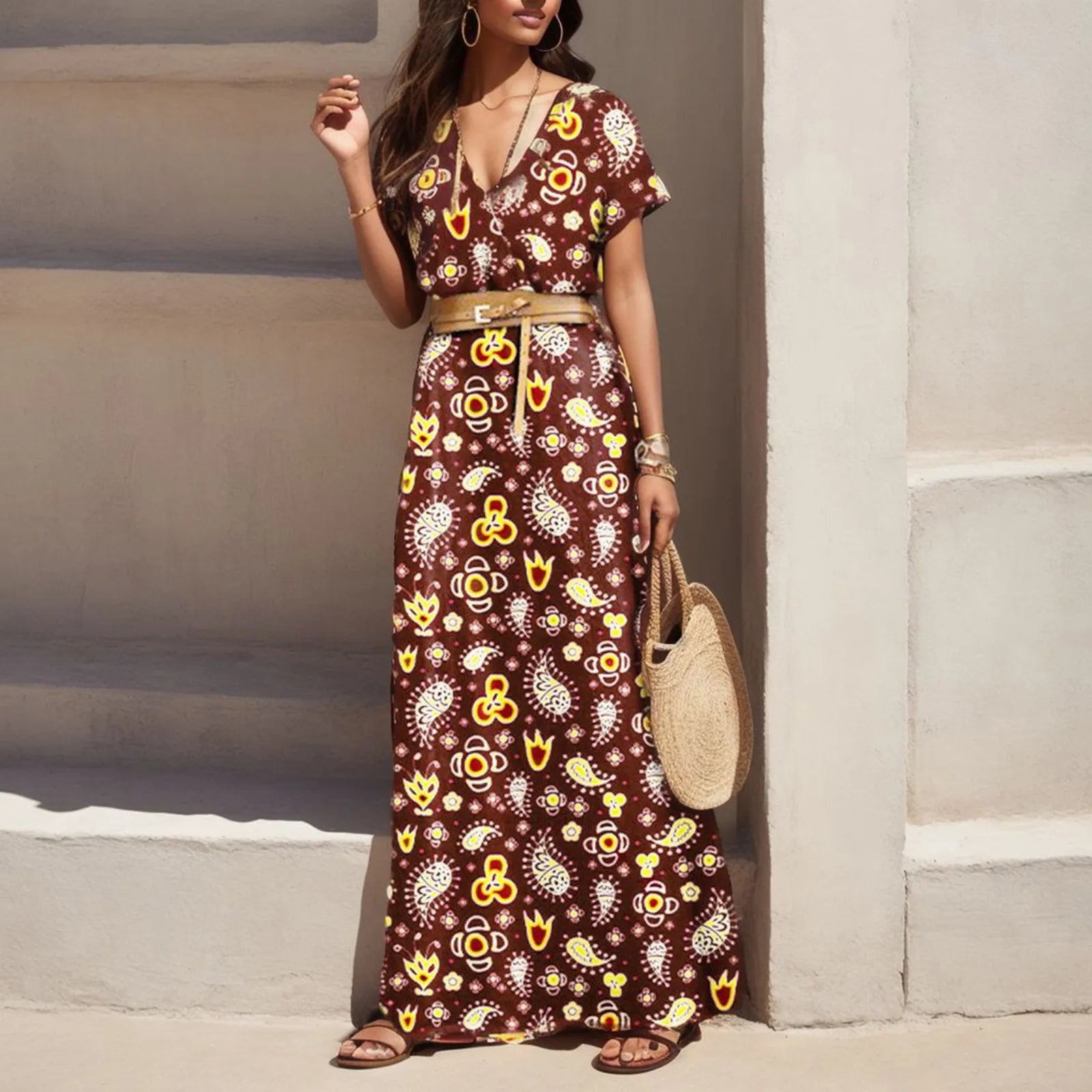 Floral Print A-Line Maxi Dress with Belt and Short Sleeves