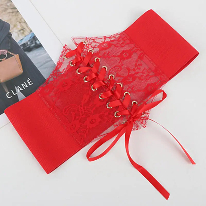 Floral Embroidered Lace-Up Waist Corset Belt with Structured Wide Fit