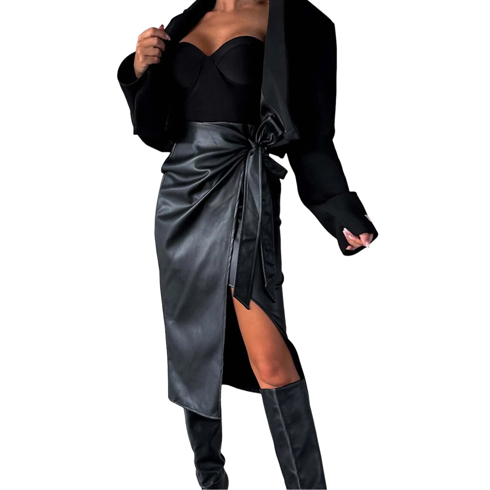 High Waist Faux Leather Mini Skirt Side Slit Alternative Fashion Bottom