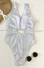 Metallic Silver Cutout One-Piece Swimsuit with Plunging Neckline