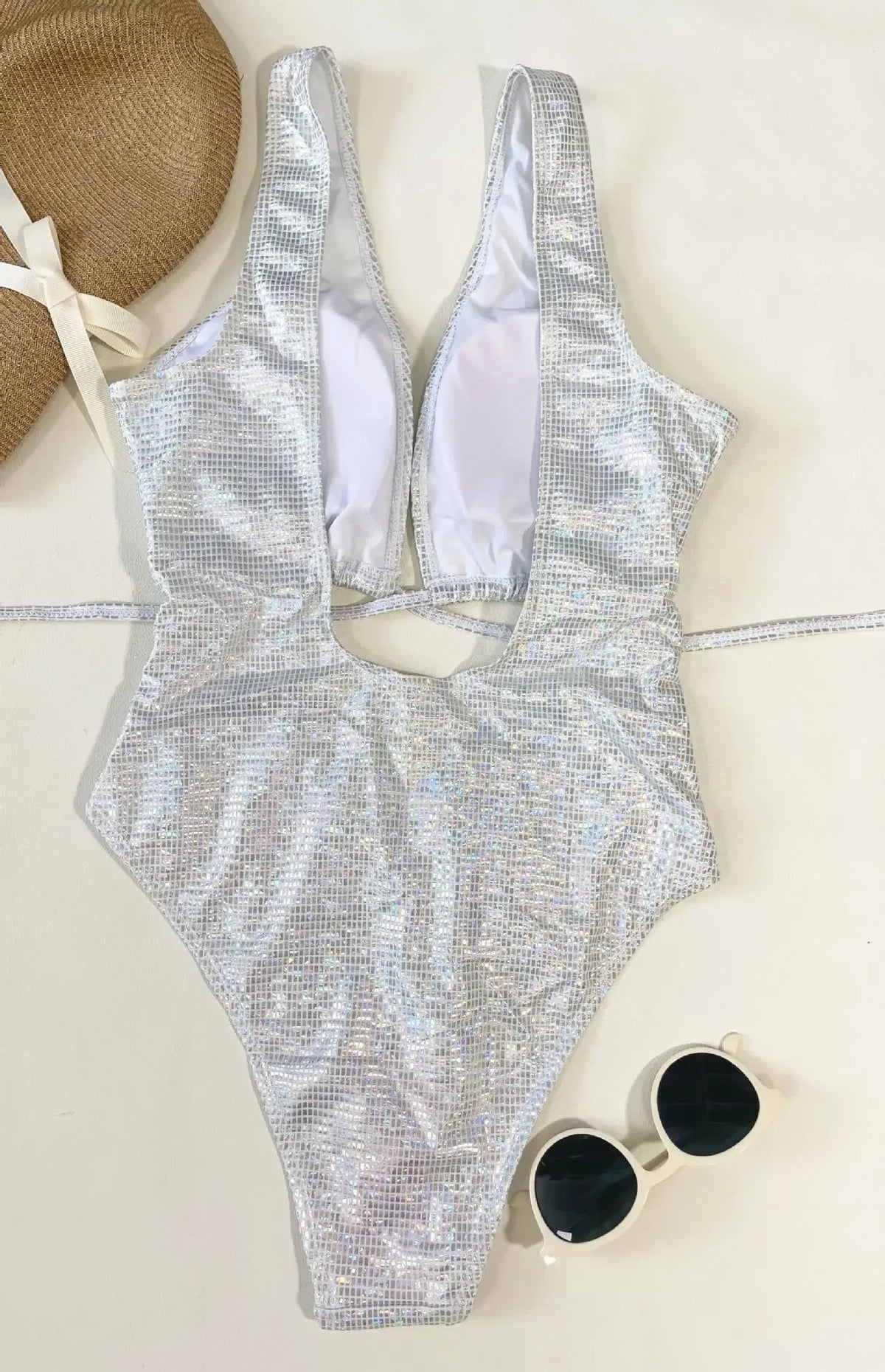 Metallic Silver Cutout One-Piece Swimsuit with Plunging Neckline