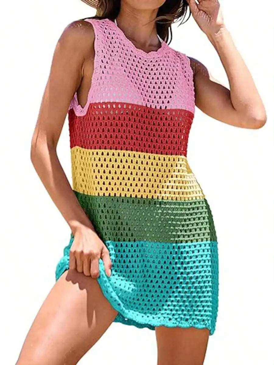 Black Crochet Backless Beach Cover-Up Dress with Hollow-Out Knit Design, Sleeveless Silhouette and Mini Length