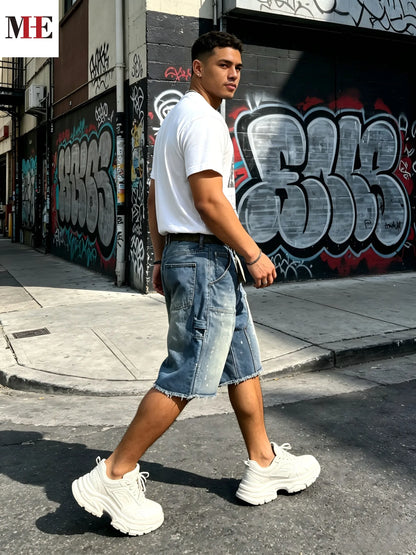 Men's Relaxed Denim Cargo Shorts with Utility Pockets and Garment Washed Casual Streetwear Fit