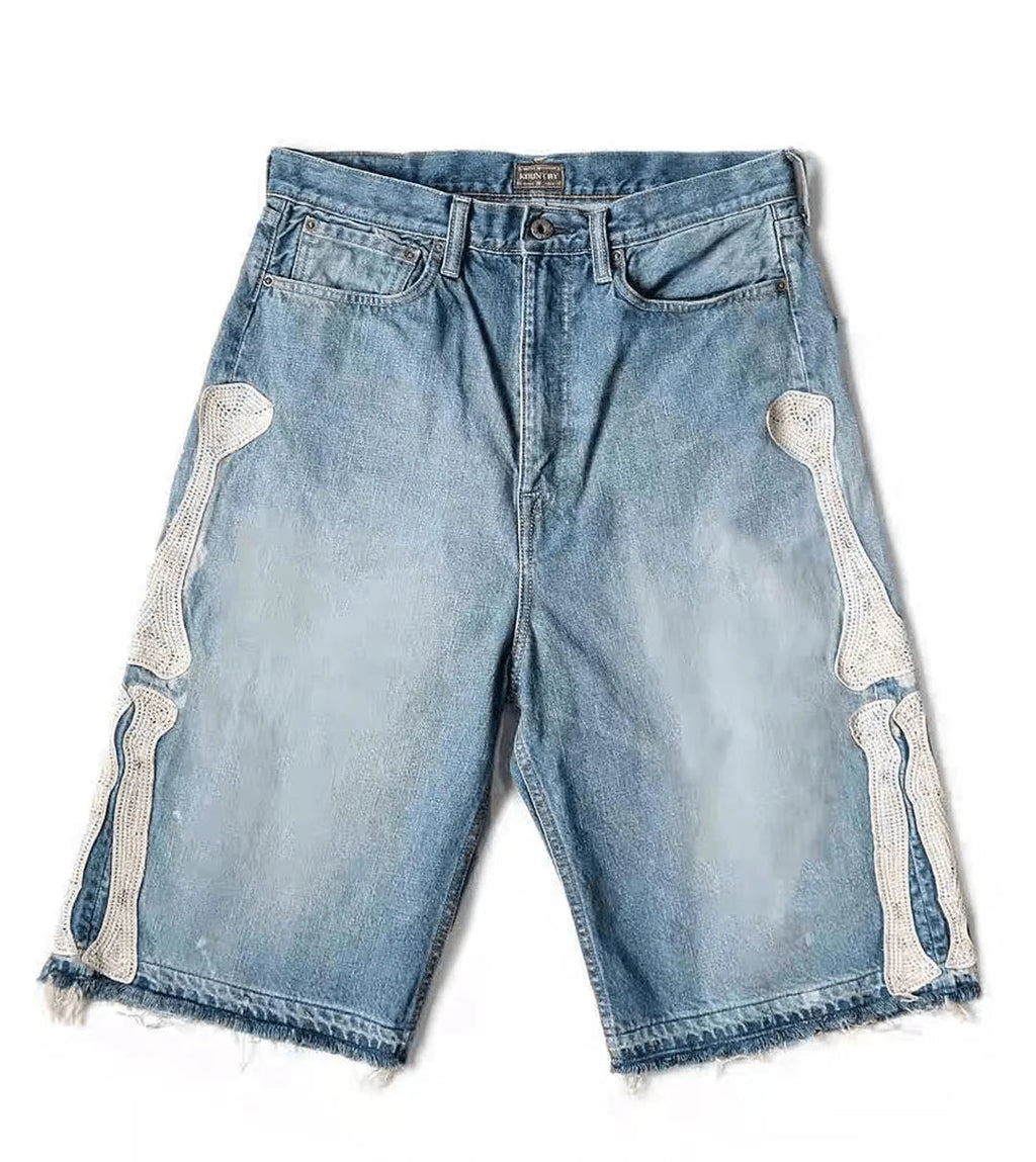 Men's Vintage Washed Denim Shorts with Relaxed Fit and Embroidered Streetwear Style