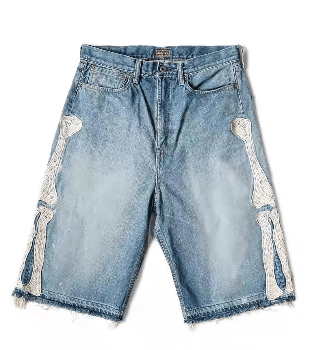 Men's Vintage Washed Denim Shorts with Relaxed Fit and Embroidered Streetwear Style