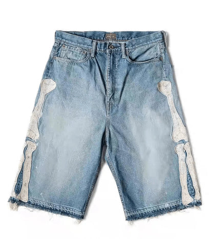 Men's Vintage Washed Denim Shorts with Relaxed Fit and Embroidered Streetwear Style