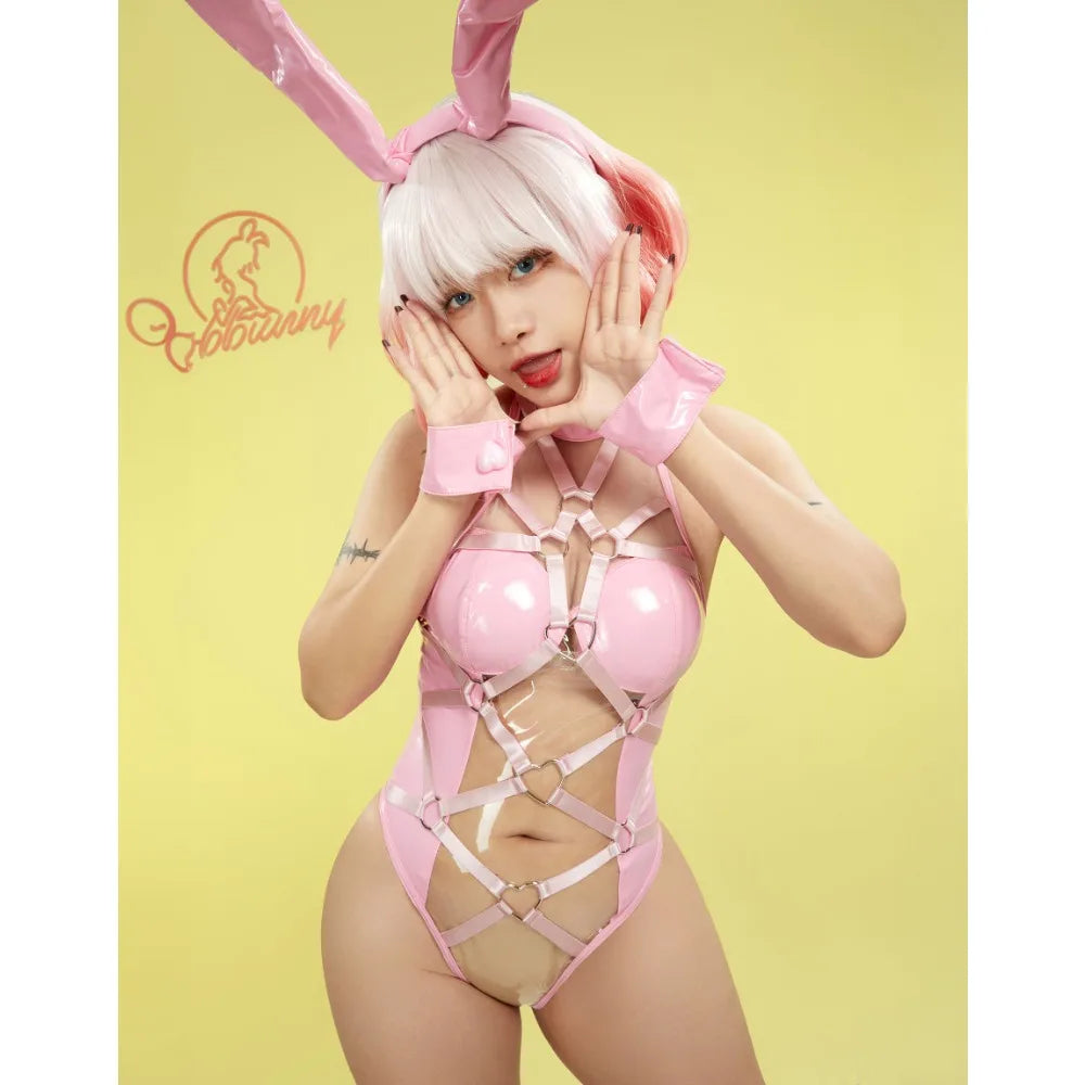 Women's Heart Cutout Bodysuit with Bunny Ear Headband and Decorative Ring Accessories