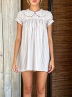 Ruffle Yoke Short Sleeve Relaxed A-Line Mini Dress with Vertical Stripe Design