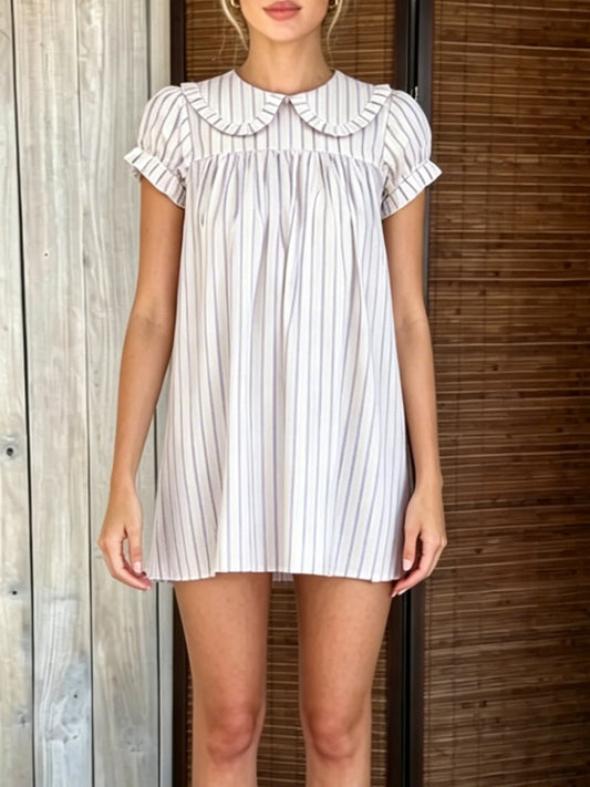 Ruffle Yoke Short Sleeve Relaxed A-Line Mini Dress with Vertical Stripe Design