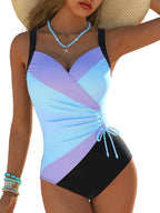 Color-Block Halter One-Piece Swimsuit with Removable Padding, Ruched Waist and High-Stretch Sculpted Beachwear Design