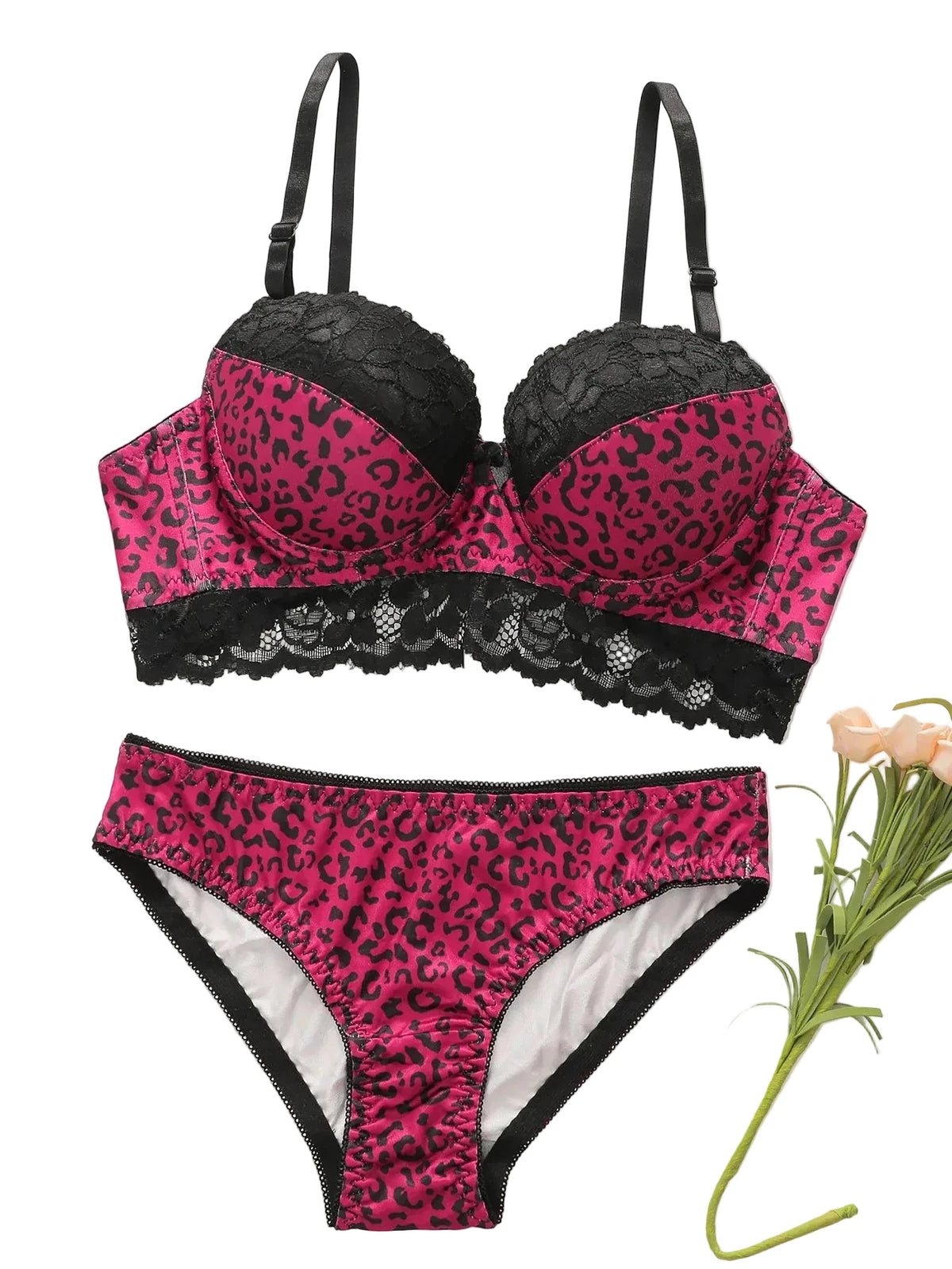 Magenta Leopard Print Push-Up Bra and Scalloped Lace Panty Set