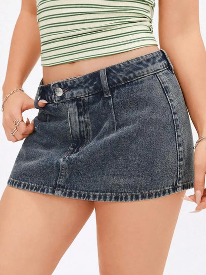 High Waist A-Line Denim Mini Skirt with Distressed Hem Detail