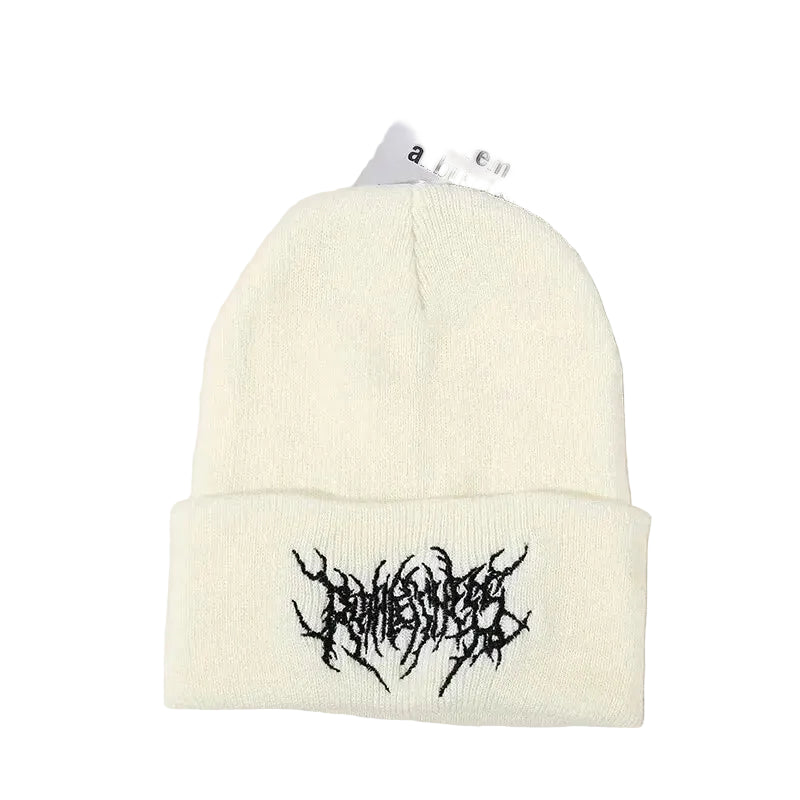 Gothic Inspired Embroidered Acrylic Knit Beanie for Contemporary Streetwear Winter Casual Fashion Style