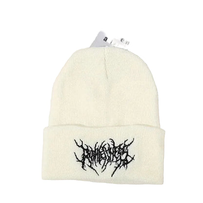Gothic Inspired Embroidered Acrylic Knit Beanie for Contemporary Streetwear Winter Casual Fashion Style