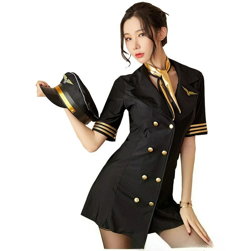 Elegant Black and Gold Flight Attendant Mini Dress with Coordinated Aviation Hat