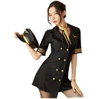 Elegant Black and Gold Flight Attendant Mini Dress with Coordinated Aviation Hat