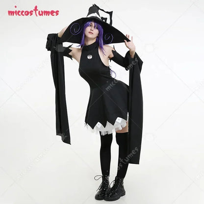 Women's Layered Hooded Dress Costume Set with Oversleeves and Statement Accessory Details