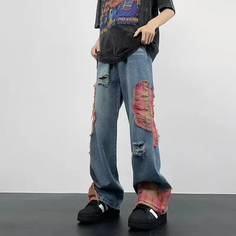 Men's Vintage Wash Flared Denim Jeans with Distressed Patchwork Streetwear Relaxed Fit