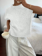 Women's Floral Crew Neck Knit Sweater with Relaxed Summer Short Sleeves