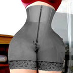 High-Waisted Mid-Thigh Shaping Shorts with Center Closure and Floral Lace Hem