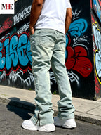 Men's Vintage Wash Flared Denim Jeans with Distressed Details and Relaxed Streetwear Fit