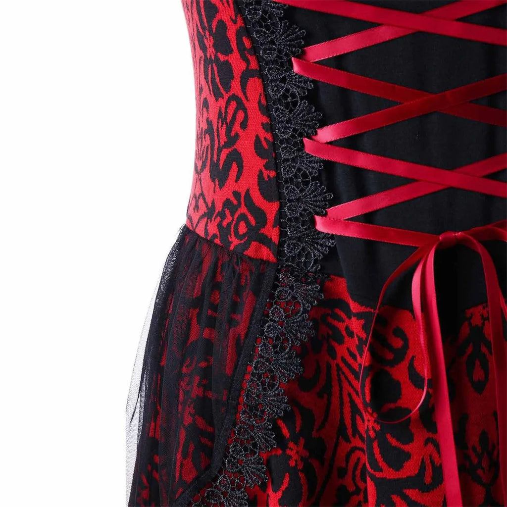 Gothic-Inspired Red and Black Lace Overlay Mini Dress with Tiered Hem